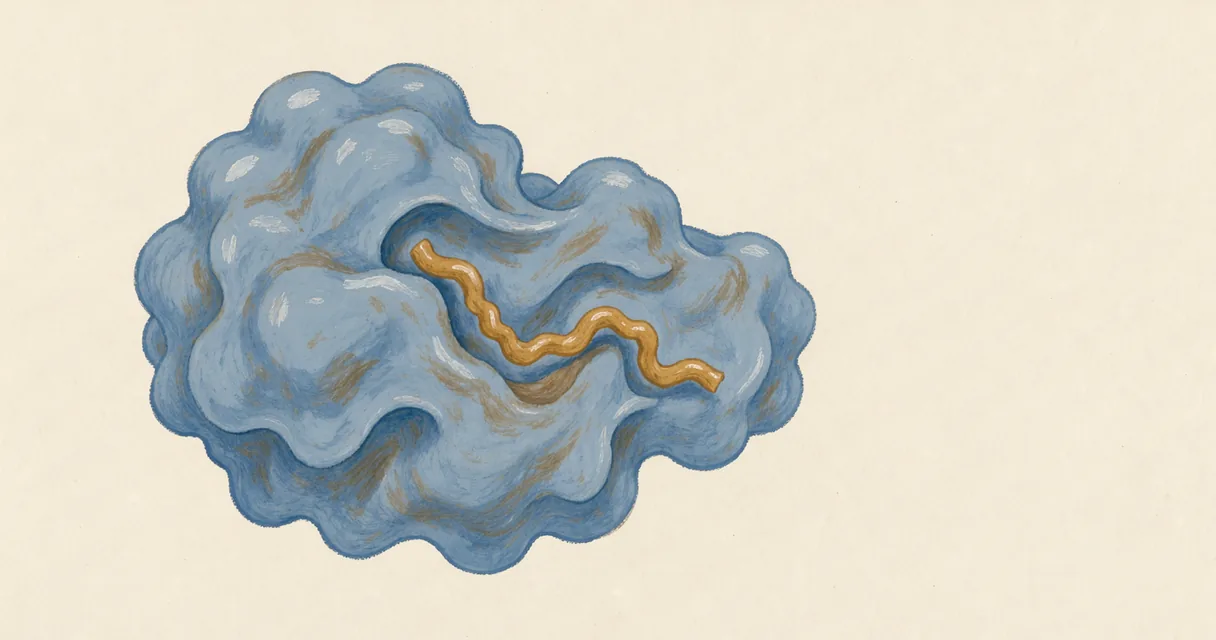 A painted folded protein form with a small ochre strand resting against its surface