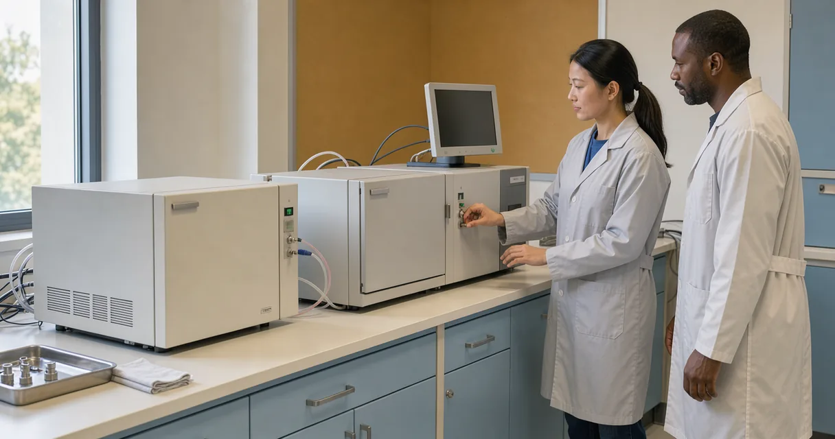 Two technicians beside an analytical instrument in a cream and mustard laboratory