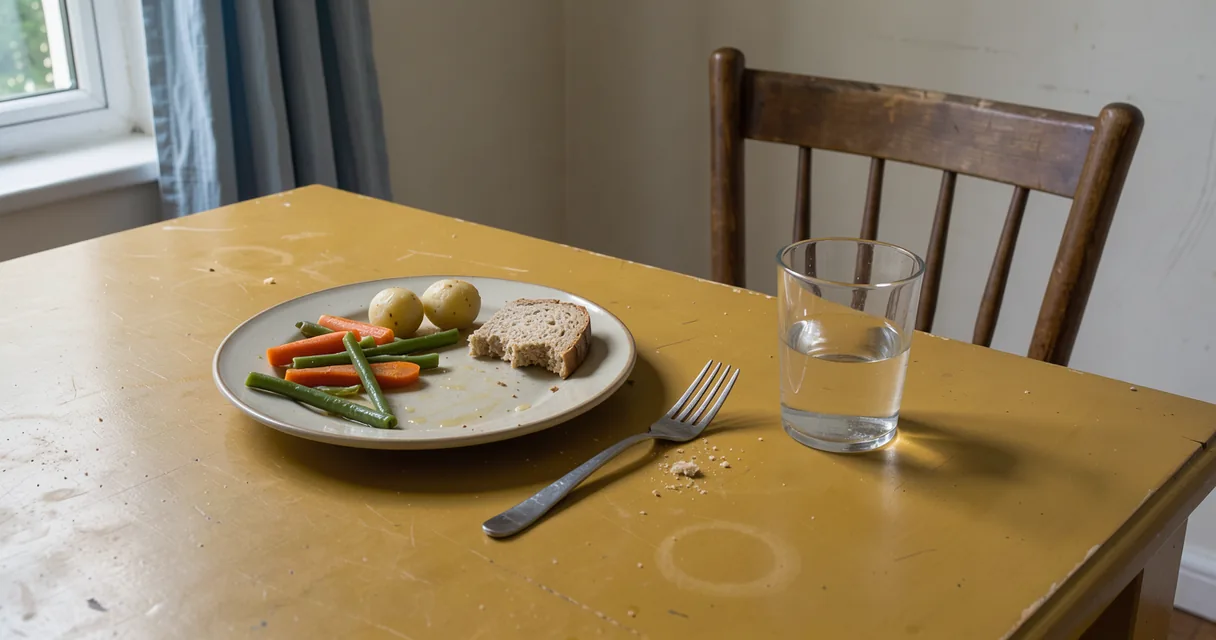 A partly eaten lunch on an ochre table beside an empty chair